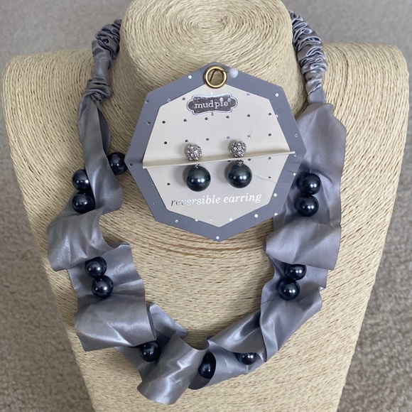 Mud Pie earring & ribbon/pearl necklace - Picture 1 of 5